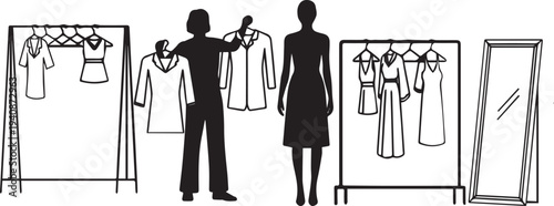 Silhouette of a fashion photographer directing a shoot with a plain generic camera shape a model vector silhouette