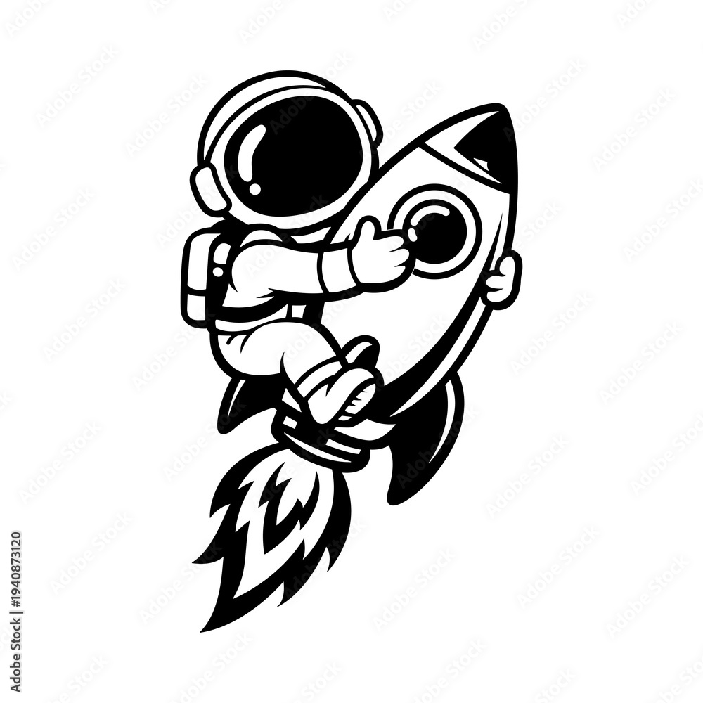 Fototapeta premium Cute Astronaut Riding Rocket Cartoon Illustration for Space Adventure Theme, Kids Sci Fi Design and Fun Cosmic Character Art