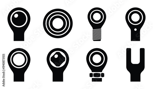 Aerospace rod end bearing icons set, mechanical joint, spherical plain bearing, clevis end, eye end, isolated vector illustration.