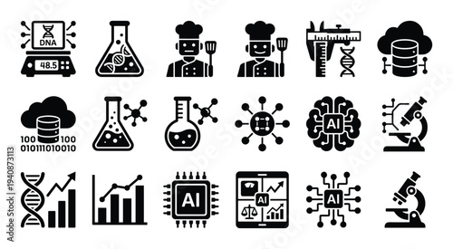 AI kitchen tech icon set, DNA analysis, culinary robotics, and artificial intelligence tools in gastronomy innovations