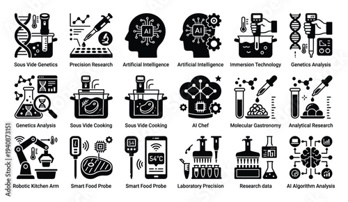 AI kitchen technology icon set, featuring sous vide, robotics, smart probes, artificial intelligence, and lab precision.