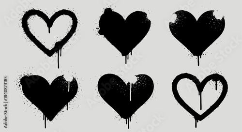 Set of Six Black Spray Paint Hearts Graffiti Style.