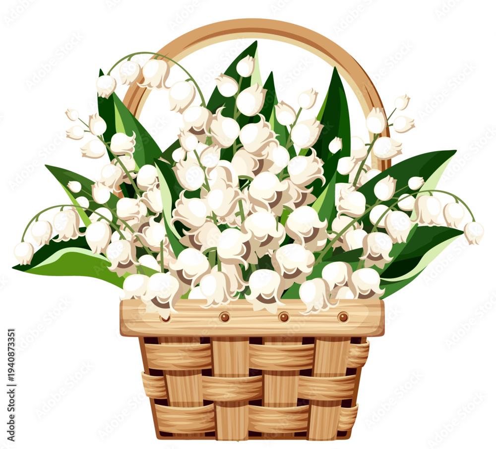 Fototapeta premium Lily of the valley flowers in a basket. Woven basket with white lily-of-the-valley isolated on a white background. Spring flowers. Vector illustration