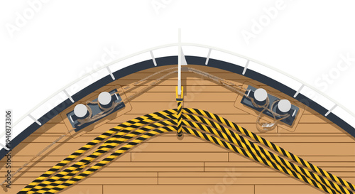 A top-down view of a ship's wooden bow deck shows black and yellow striped mooring ropes secured to metal bollards.