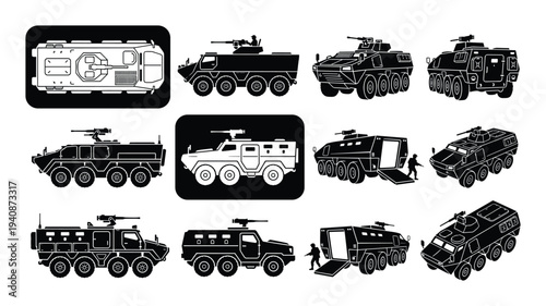Armored personnel carrier vector set. Military vehicles in various views. APC vehicles. Combat transport set. Black and white illustrations.