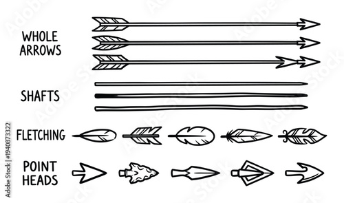 Arrow parts collection illustration. Hand drawn set of arrow elements: whole arrows, shafts, fletching, point heads isolated.