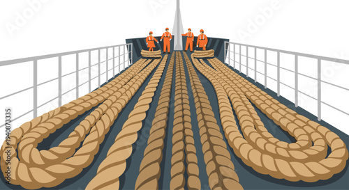 An overhead view shows multiple thick mooring ropes coiled on a ship's dark grey deck with four workers in orange safety gear near the bow.