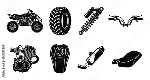 ATV parts vector set featuring tire, shock absorber, handlebars, engine, fuel tank, exhaust, and seat components