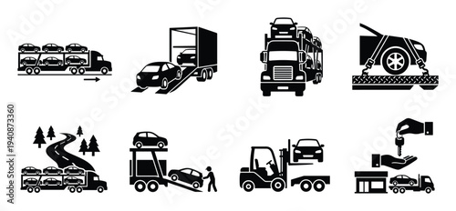 Automobile Transporter Vector Set: Trucks, Loading, Forklift, Car Carrier on Road, Handing Over Keys, Icons, Pictograms