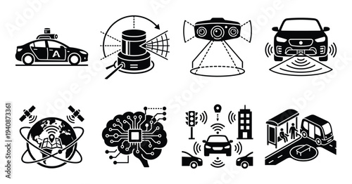 Autonomous vehicle sensor technology icons showing self-driving car with lidar, cameras, radar, GPS, AI brain and smart city
