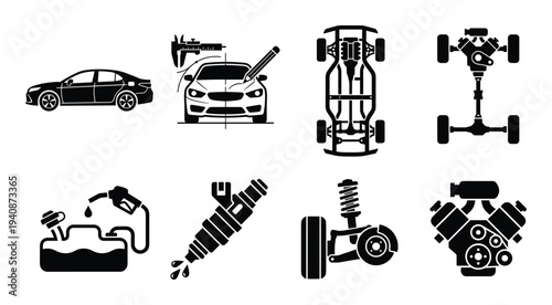 Automotive design icons set with sedan car, engine, chassis, fuel injector, suspension, and fuel tank vector illustration.