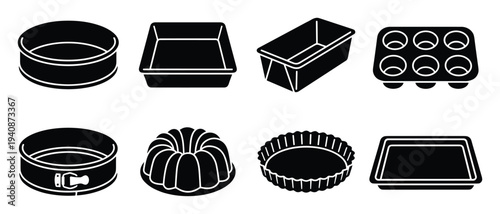 Baking pan mold icons collection. Cake pans, square baking pan, loaf pan, muffin tin, bundt pan, tart pan, baking sheet