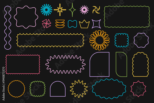 Set of colorful star and sun, arch and rectangle, square and circle forms with scalloped edges on black background. Simple cute shapes with wavy borders. Vector outline illustration.