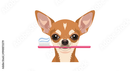 A small brown and white Chihuahua dog with large ears holds a pink toothbrush topped with white toothpaste in its mouth.