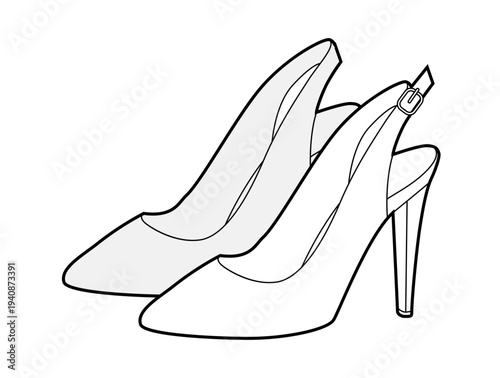 Slingback pump women heel sketch pair. Strap open back dress footwear for party, wedding, summer event. Technical illustration, CAD mockup, detailed vector men unisex isolated feminine style.