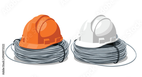 Two contrasting hard hats, one orange and one white, are distinctly placed atop separate, tightly coiled bundles of grey electrical wire.