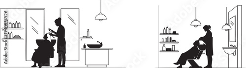 Set of 2 black silhouette pet groomer icons vector. A hairdresser styling a customer's hair in a modern salon silhouette vector