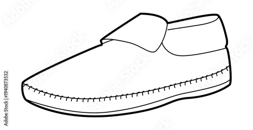 Moccasin slipper shoe women single line. Cozy stitched soft footwear for relaxed evening warm look. Technical fashion illustration CAD mockup clean vector man unisex isolated modern style.