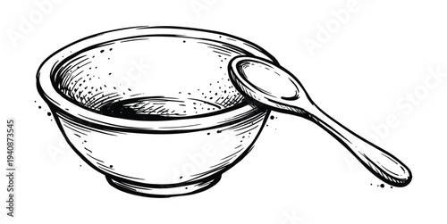 Bowl with dark liquid, and a spoon sketch style, rim depth and shading illustration for food and drink presentation.