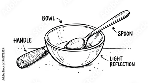 Bowl with spoon and wooden handle illustration. Hand-drawn line art style. Light reflection and scattered particles around