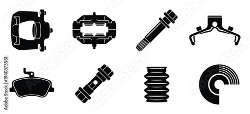 Brake caliper piston bleeder icons set vector illustration automotive part component, brake pad retainer clip and rotor icons