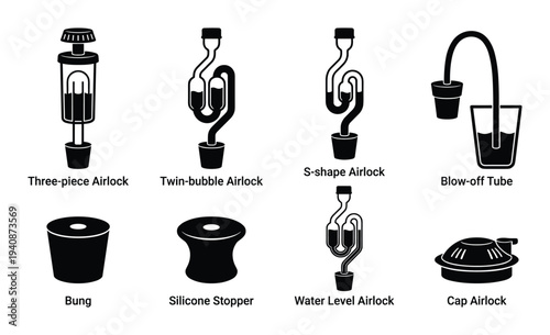 Brewing airlocks and fermentation equipment collection. Three-piece airlock, twin-bubble, blow-off tube, bung, and cap airlock diagrams.