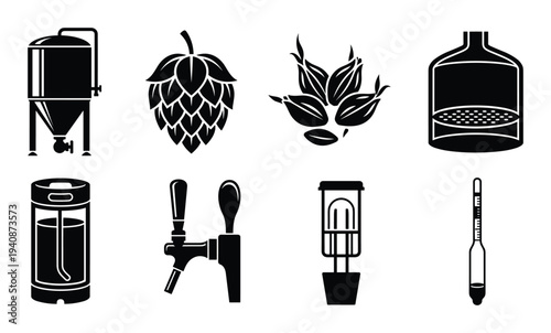 Brewing equipment silhouette collection, fermentation tank, hops, grains, mash tun, keg, tap, test jar, hydrometer, vector