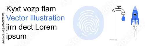 Identity verification, environmental conservation, space exploration, water resource management, biometrics, futuristic concepts. Blue fingerprint, faucet and rocket design. Identity verification