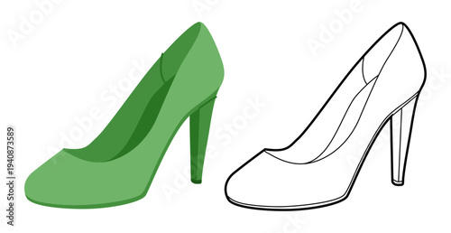 Pump women green classic heel flat plus line set. Elegant fashion dress footwear for evening, wedding, office wardrobe. Technical illustration, CAD mockup, vector unisex isolated sophisticated style