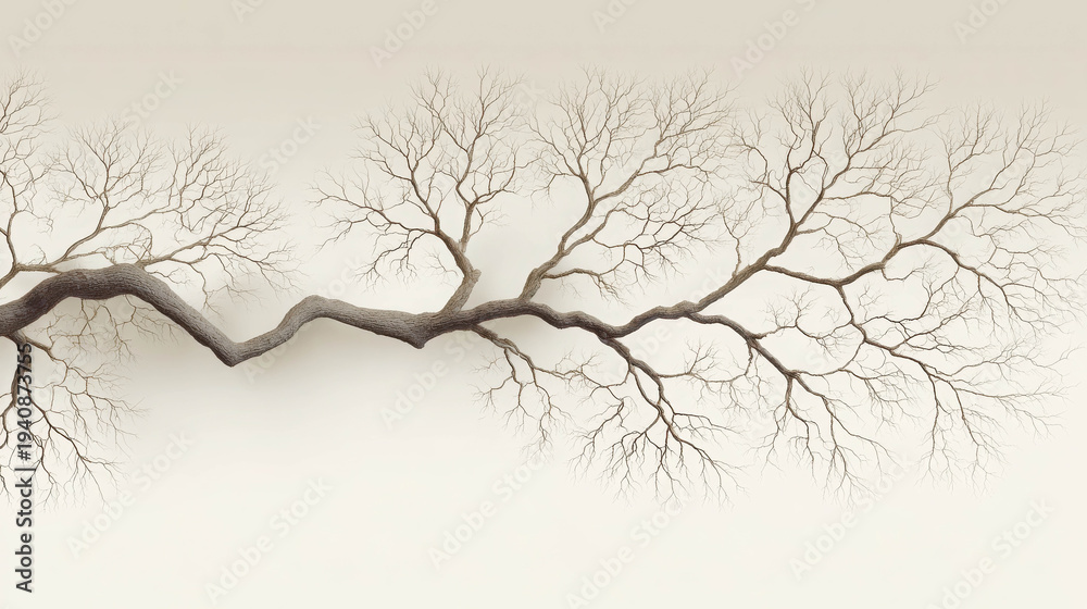 Obraz premium Barren Branch Art: A minimalist photograph highlights the intricate, skeletal structure of a tree branch, creating a stark yet elegant composition with its delicate twigs and textured bark.
