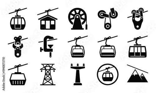 Cable cars track mechanisms icons. Black silhouette gondola lifts, funicular systems, transmission tower, and mountain