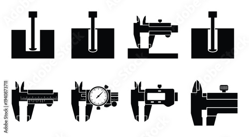 Caliper depth rod step icons vector illustration featuring different measuring tools and depths, precise engineering