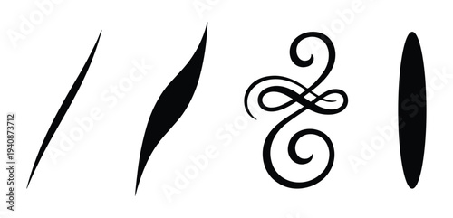 Calligraphic design elements featuring flourish, strokes, lines and decorative scrollwork in elegant black silhouettes