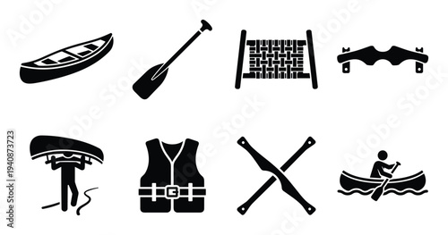 Canoe paddle seats yoke icons vector illustration set. Includes canoeing, life vest, person carrying canoe, person paddling canoe icons.
