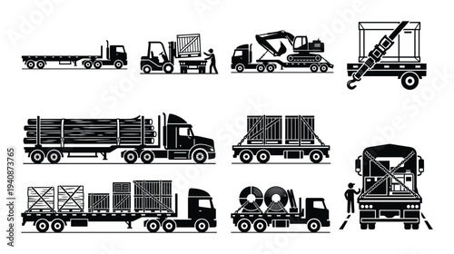 Cargo hauling trucks icons set, flatbed trailer, cargo trucks, forklift, excavator, lumber truck, and containers carrier icons.