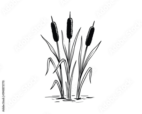 Cattail reeds illustration, brown cylindrical flower spikes, aquatic plants with linear leaves in standing water.