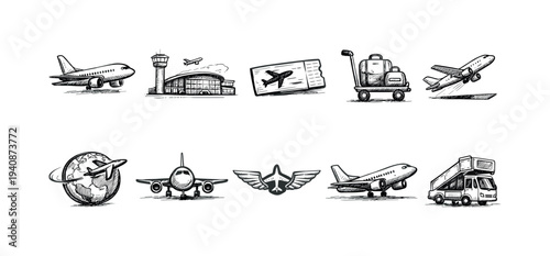 Travel and airplane silhouette icon set. aviation, flight, airport icons collection