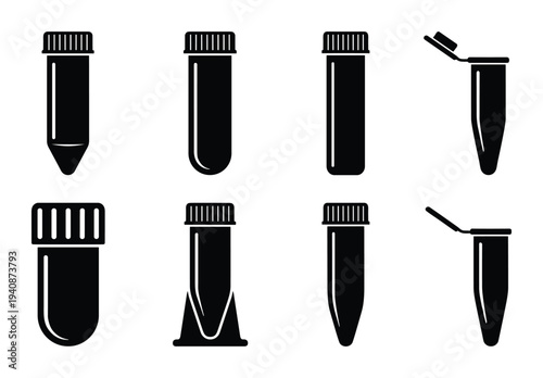 Centrifuge tube silhouette collection, laboratory equipment, scientific research sample tubes in various styles and shapes