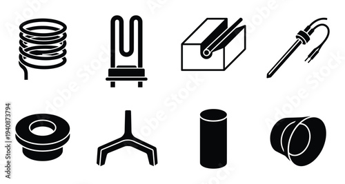 Ceramic kiln heating elements vector icons, oven components for industrial furnace, coils, cylinder and thermocouples