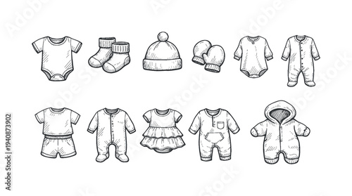 Baby clothing icon set in silhouette style. infant apparel, garments, outfits collection.
