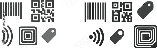 Barcode and QR code icons set, scan label technology symbols, retail product identification vector illustration collection