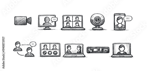 Video conference silhouette icon set. virtual meeting, online chat symbols collection