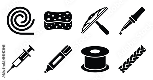 Cleaning Tools Icons Vector Set: Sponge, Squeegee, Pipette, Syringe, Marker, Bobbin, Braid and Sealing Cord