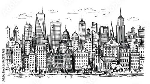 City skyline illustration with detailed architecture, buildings, skyscrapers, and waterfront view in black and white line art