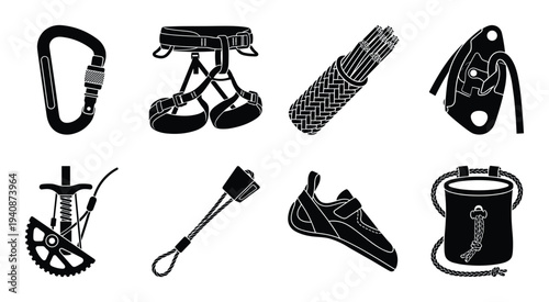 Climbing equipment collection: Carabiner, harness, rope, belay device, ascender, quickdraw, climbing shoe and chalk bag set