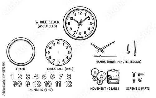 Clock parts hand-drawn illustration with frame, dial, numbers, hands, movement gears, and screws components for assembly