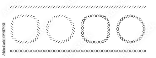 Set of borders and round frames with tilted and crossed stitches. Slashes and crosses embroidery ornaments isolated on white background. Sewing overlock fabric prints. Vector graphic illustration