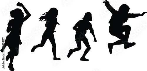 Children running and jumping silhouettes set, kids active movement poses, childhood play activity vector illustration collection isolated