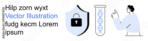 Data protection, DNA analysis, cybersecurity, personal biometrics, science communication, identity security. Shield with lock, DNA strand and a person pointing. Data protection and DNA analysis