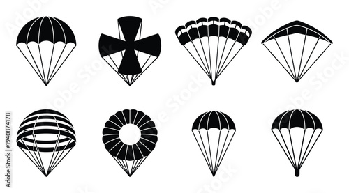 Collection of parachute canopy design icons. Line art vector illustrations of parachutes for air and transport projects